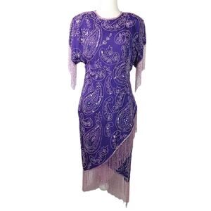 Vintage 80s Laurence Kazar purple silk beaded mini cocktail party dress S